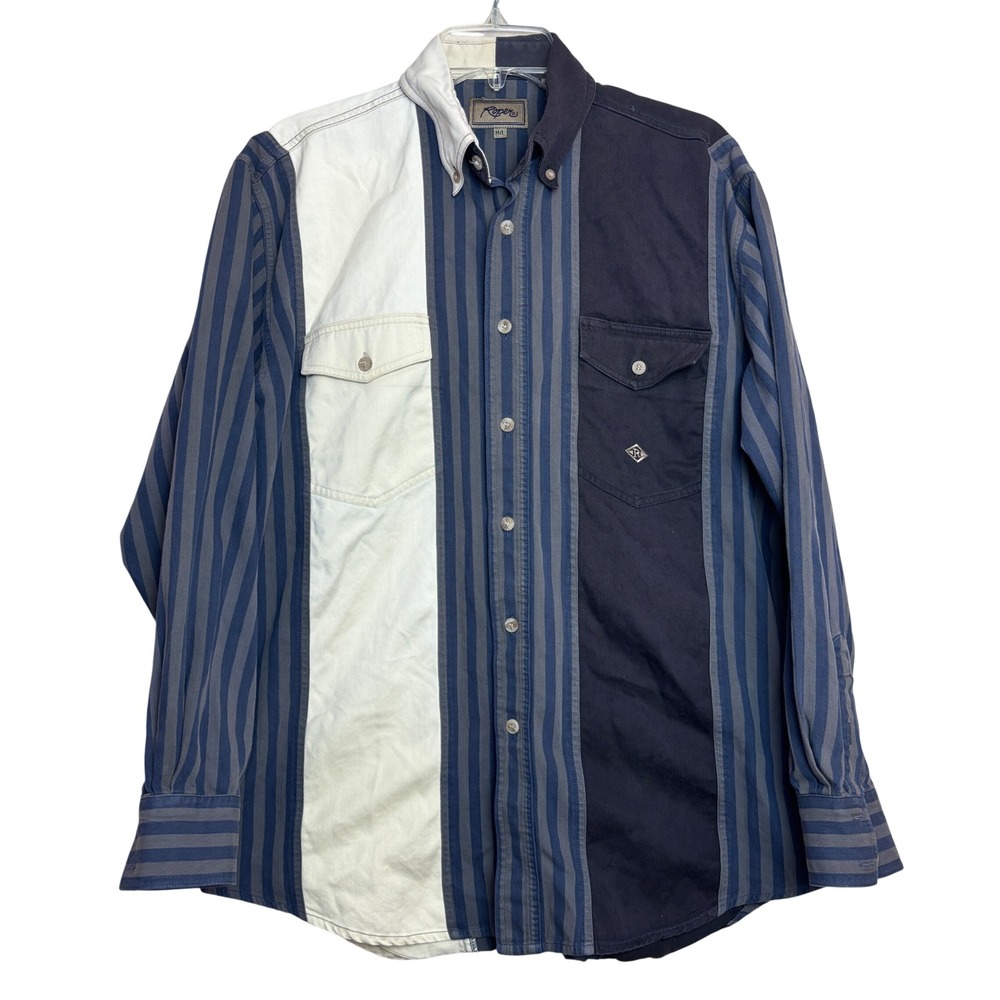 90s Roper Mens Colorblock Striped Western Button Down Shirt Navy Blue Cream M/L